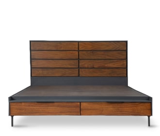 cama de madera cafe con gris, RECAMARAS